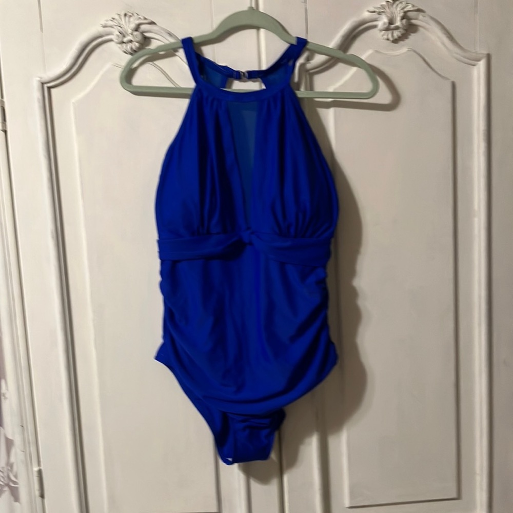 Royal blue large swimsuit with mesh detail